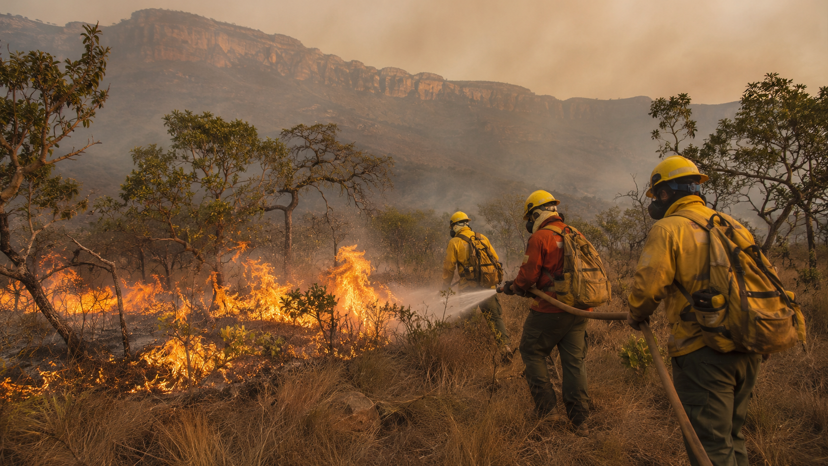 Imagem ilustrativa mostra equipes atuando no combate a um incêndio florestal.