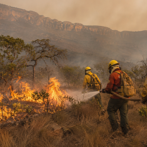 Imagem ilustrativa mostra equipes atuando no combate a um incêndio florestal.